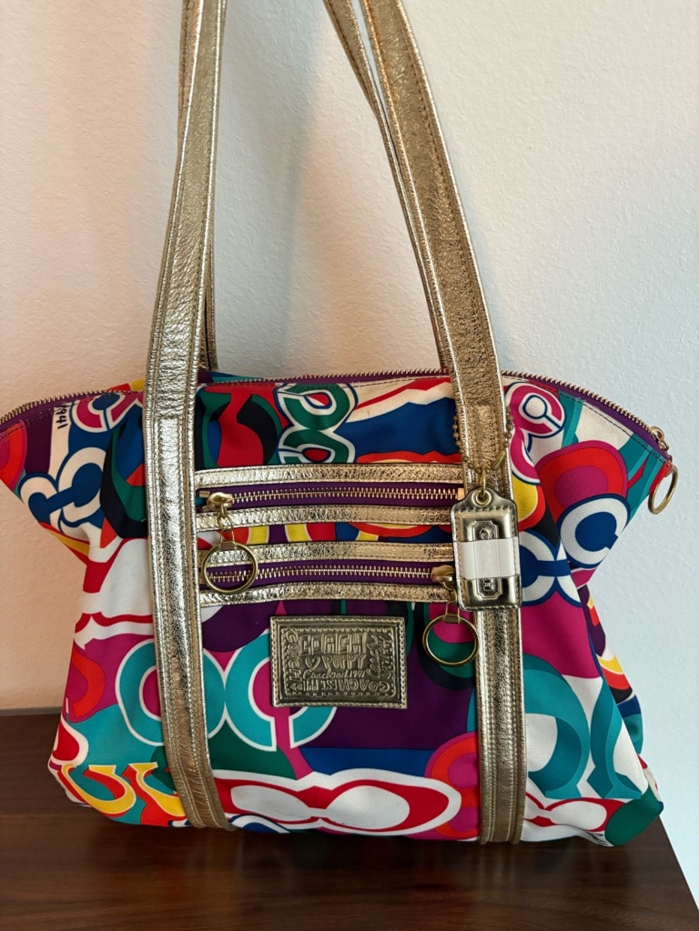 Colorful Coach Tote with Metallic Gold Straps